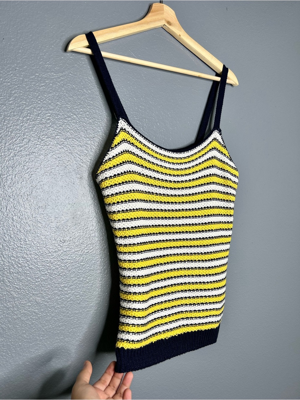 It's Our Time Yellow, White & Navy Striped Knit Cotton Blend 90’s Y2K Tank Lg